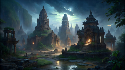 Ancient mystical ruins illuminated by mysterious light in a foggy landscape