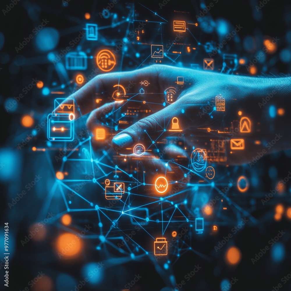 Aufkleber a striking, futuristic image of a human hand interacting with a holographic network of data and auto