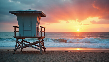 Naklejka premium Lifeguard tower on an empty beach with a dramatic sunset and choppy sea