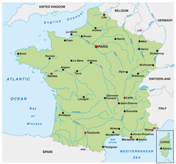 Map of France with the most important cities and rivers