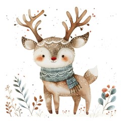 Festive Reindeer with Scarf and Birds in Whimsical Winter Scene
