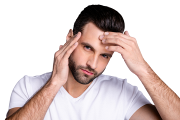 Close up photo amazing he him his macho perfect appearance touch arm hand forehead not sure quality stylist visit not smiling look mirror bath shower wear casual white t-shirt isolated grey background