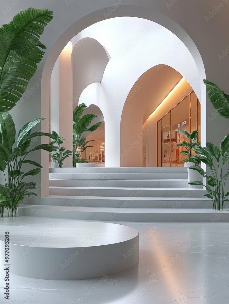 Poster a futuristic shopping mall with sleek architecture in 3d rendered minimalist style with empty circle