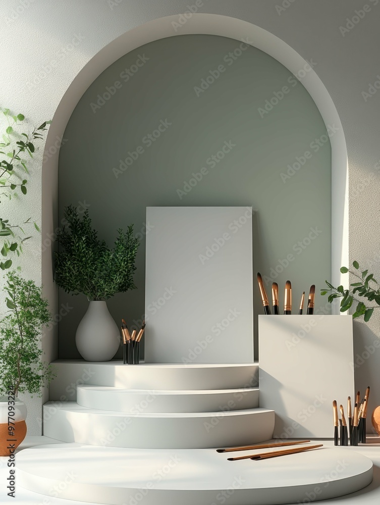 Aufkleber a minimalist art studio with canvases and brushes in 3d rendered minimalist style with empty circle 