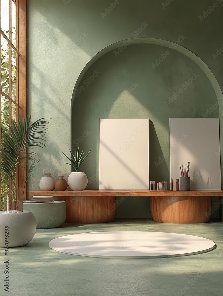 Poster a minimalist art studio with canvases and brushes in 3d rendered minimalist style with empty circle 