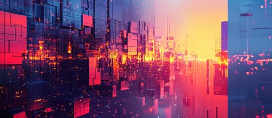 Naklejka premium A surreal cityscape illuminated by the early morning light Abstract 2d illustration