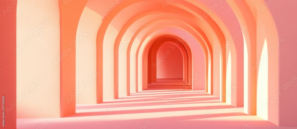 Aufkleber surreal 3d rendering featuring an abstract corridor with a pastel pink background creating a dreamli