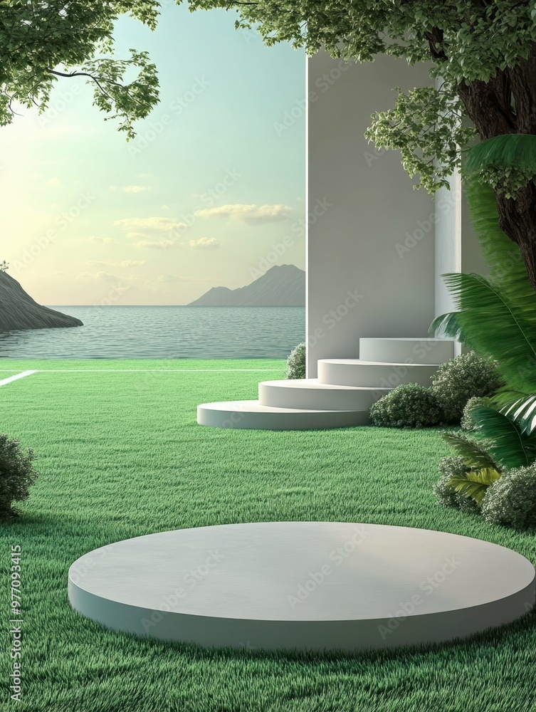 Poster a minimalist soccer field with perfectly cut grass in 3d rendered minimalist style with empty circle