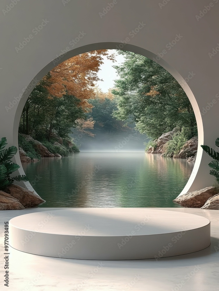 Poster a misty bridge extending over a calm river in 3d rendered minimalist style with empty circle podium.