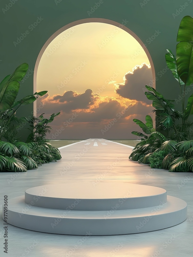 Poster a modern airport runway under a clear sky in 3d rendered minimalist style with empty circle podium.