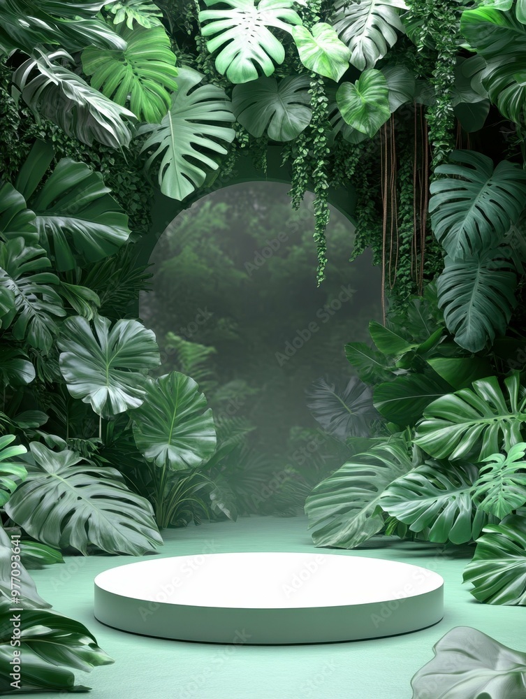 Poster a misty jungle with dense foliage in 3d rendered minimalist style with empty circle podium.