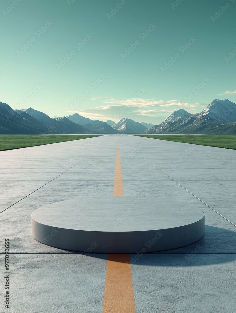 Poster a modern airport runway under a clear sky in 3d rendered minimalist style with empty circle podium.