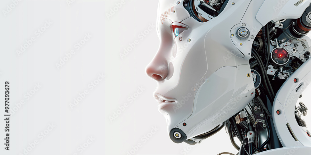 Poster close-up of a humanoid robot's face, showing intricate details against a clean, white background wit