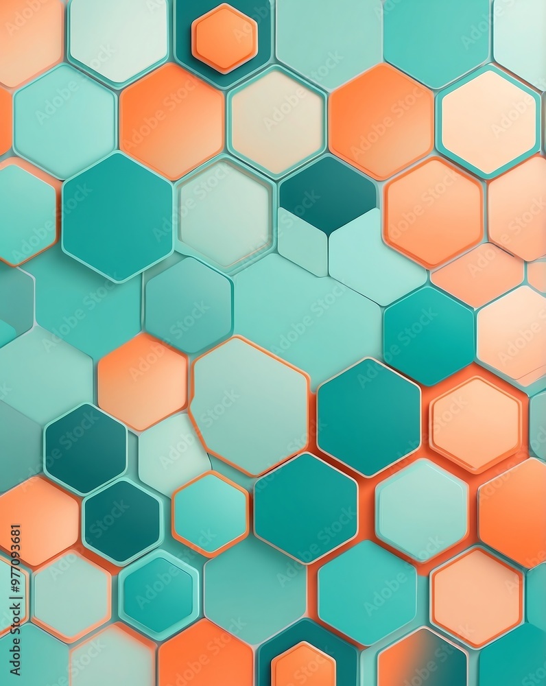 Poster Pastel gradient of orange and teal hexagons