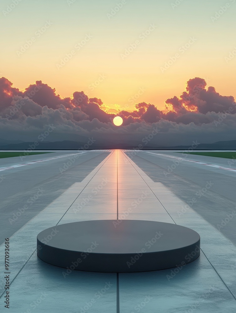 Poster a modern airport runway under a clear sky in 3d rendered minimalist style with empty circle podium.