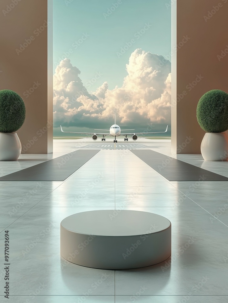 Poster a modern airport runway under a clear sky in 3d rendered minimalist style with empty circle podium.