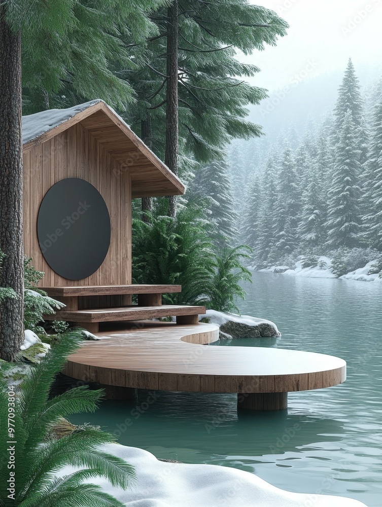 Poster a quiet cabin in a snowy forest clearing in 3d rendered minimalist style with empty circle podium.