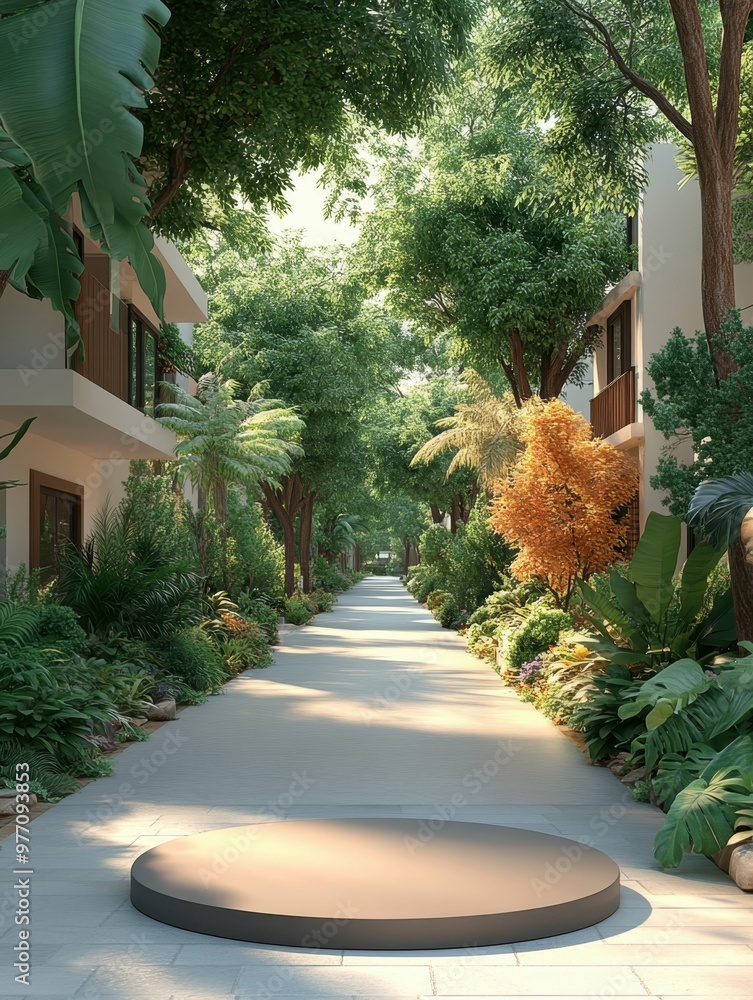 Poster a quiet suburban street with houses and trees in 3d rendered minimalist style with empty circle podi