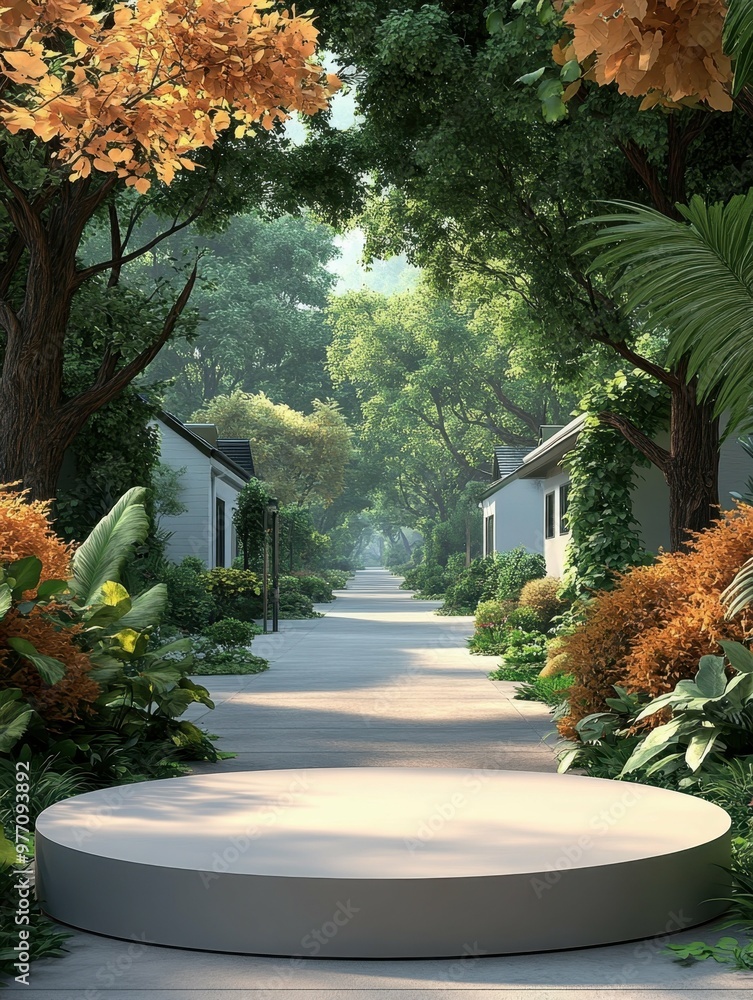Poster a quiet suburban street with houses and trees in 3d rendered minimalist style with empty circle podi