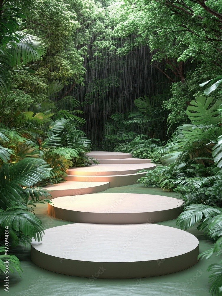 Poster a rainy forest path with light filtering through trees in 3d rendered minimalist style with empty ci