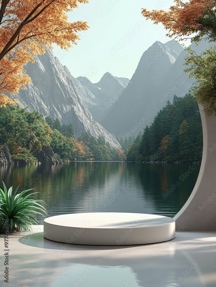 Poster a serene lake surrounded by mountains in 3d rendered minimalist style with empty circle podium.