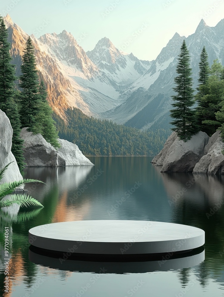 Poster a serene lake surrounded by mountains in 3d rendered minimalist style with empty circle podium.