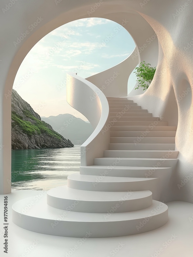 Poster abstract spiral staircase reaching into the sky in 3d rendered minimalist style with empty circle po