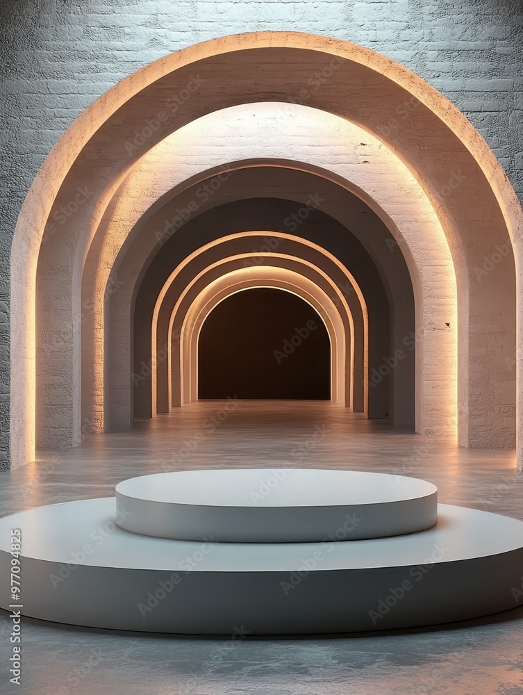 Aufkleber product display stand. modern empty round podium in illuminated archway corridor with stone textured
