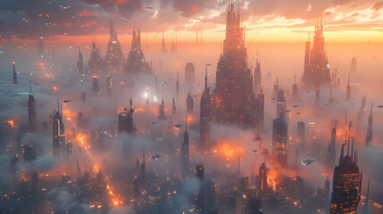 Obraz premium Futuristic Cityscape Illustration with Tall Towers and Flying Ships in the Clouds. generative ai