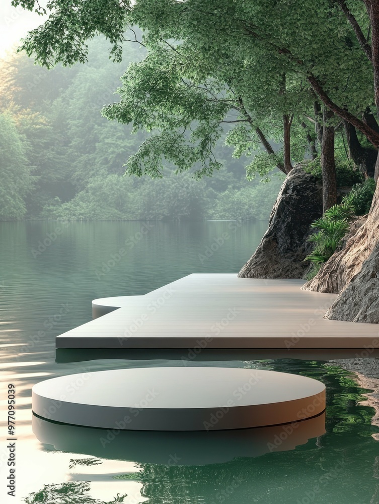 Poster calm water reflection. modern white round and rectangular platforms floating on calm lake surface ne