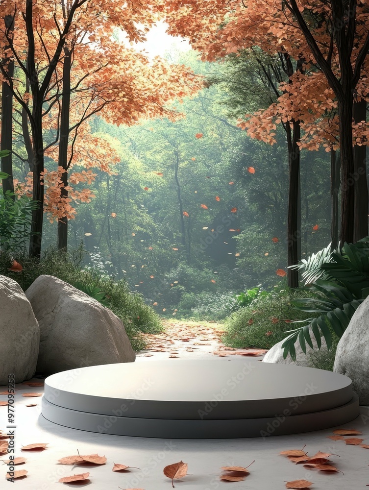 Poster cozy rustic vibes. autumn forest scene with empty round podium platform for product display or natur
