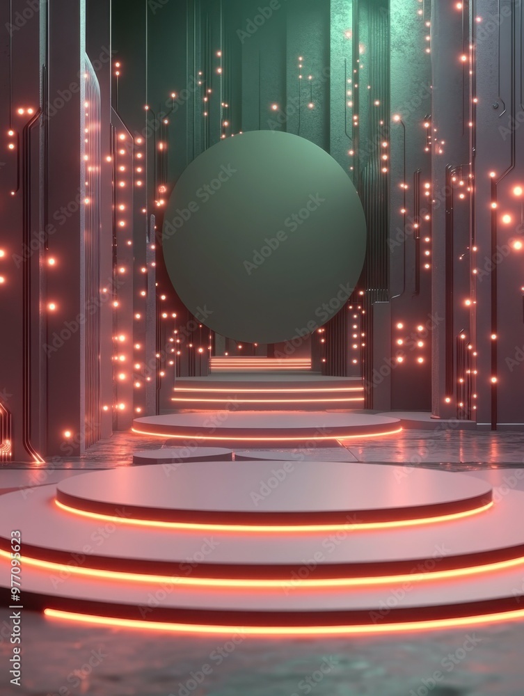 Poster light show setup. modern futuristic stage with glowing circular podium and sparkling light particles