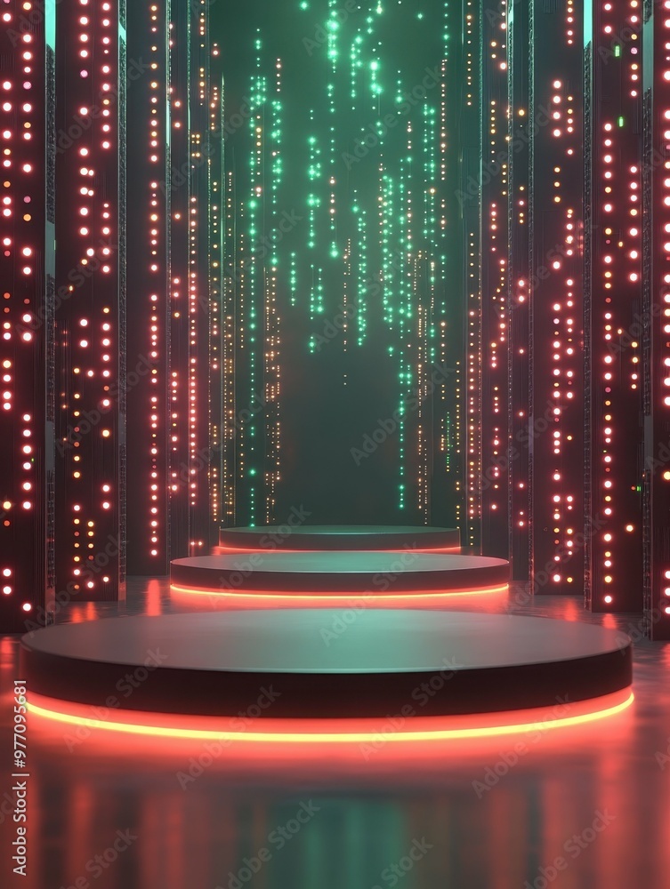 Poster floating platforms with glowing circuits over a digital void in 3d rendered minimalist style with em