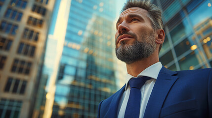 Fototapeta premium Confident businessman in blue suit looking up in modern cityscape