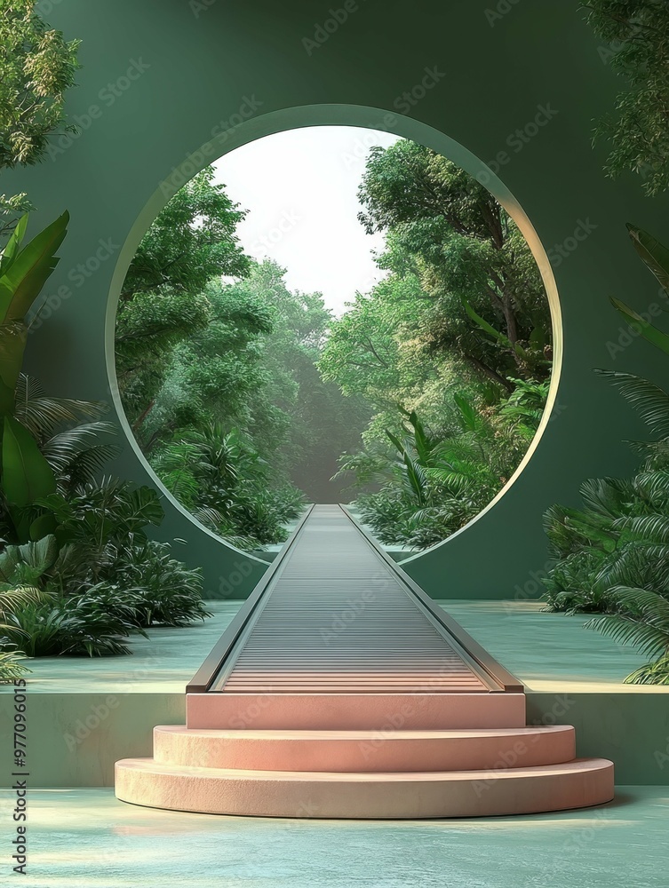 Poster futuristic monorail track through a modern city in 3d rendered minimalist style with empty circle po