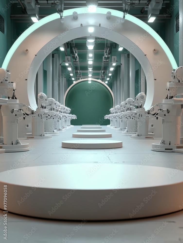 Poster smart home devices. futuristic robotic arms assembly line in high-tech factory with circular platfor