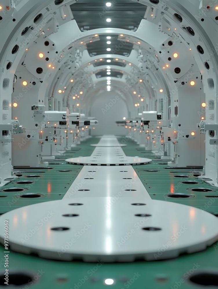 Poster smart factory automation. futuristic conveyor belt with robotic arms automating production line in m