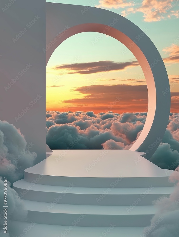 Poster clouds floating stairs. surreal white circular doorway with stairs floating above clouds during vibr