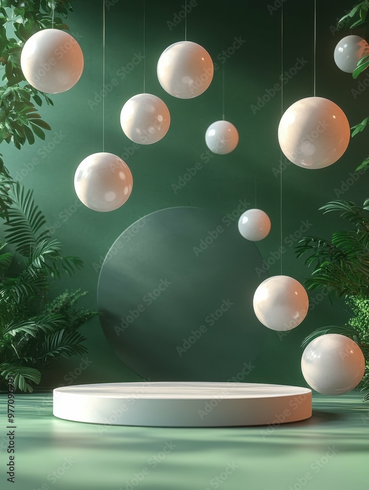 Poster floating light display. modern display podium with glowing spheres floating in elegant green botanic