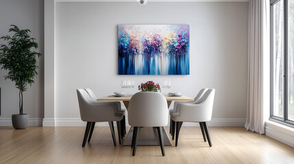 modern, luxury living room; blue wall art over the dinner table, gray comfort armchairs