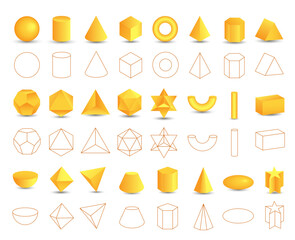 Set of vector realistic 3D yellow geometric shapes isolated on white background. Mathematics of geometric shapes, linear objects, contours. Platonic solid. Icons, logos for education, business, design