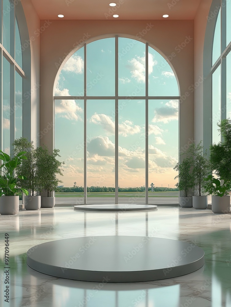 Aufkleber minimalist airport terminal with large windows in 3d rendered minimalist style with empty circle pod