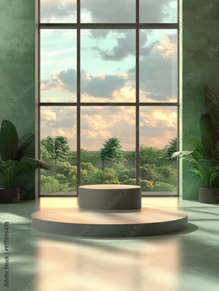 Aufkleber minimalist airport terminal with large windows in 3d rendered minimalist style with empty circle pod