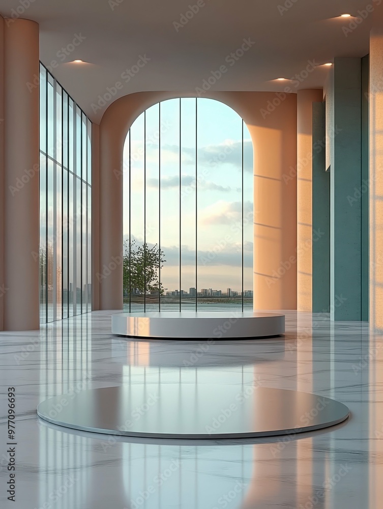 Aufkleber minimalist skyscraper with reflective glass windows in 3d rendered minimalist style with empty circl