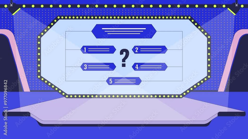 Aufkleber television game show studio cartoon animation. two armchairs and screen with multiple-choice questio