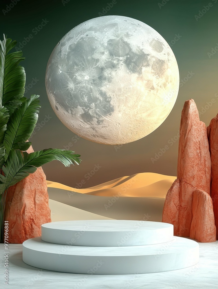Aufkleber moonlit desert with dunes in 3d rendered minimalist style with empty circle podium.