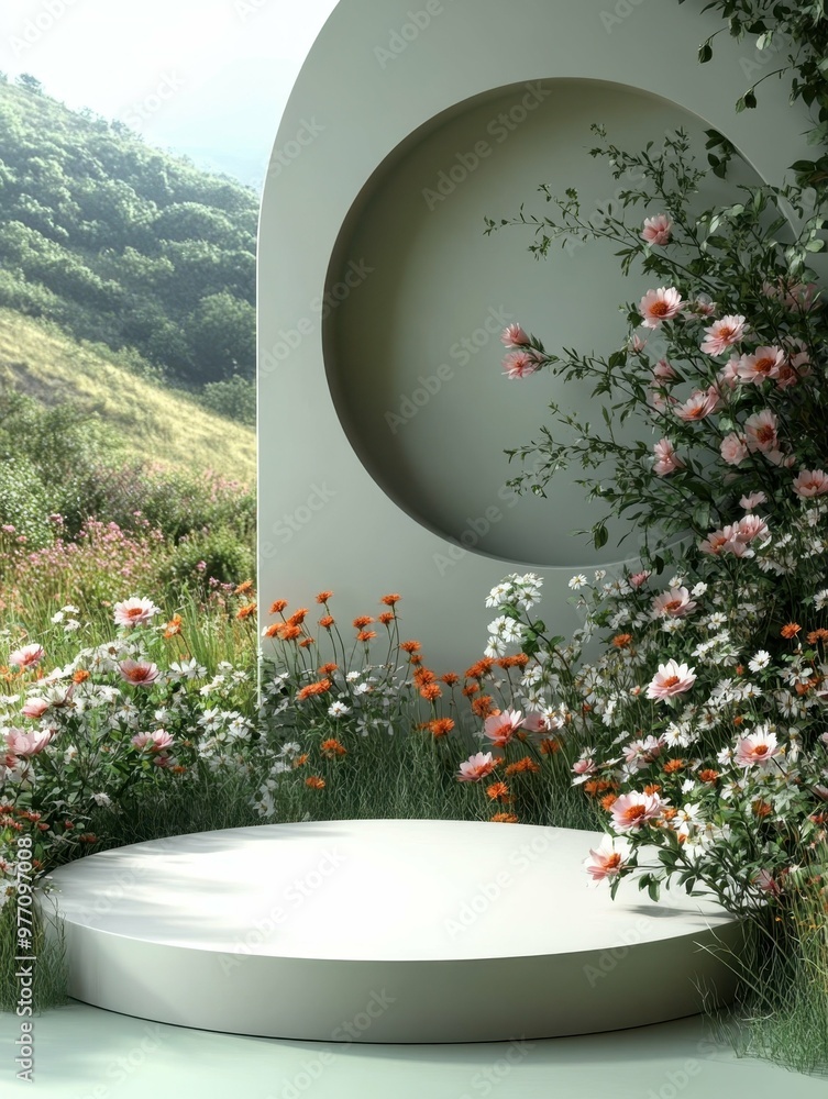Poster open plains with scattered wildflowers in 3d rendered minimalist style with empty circle podium.