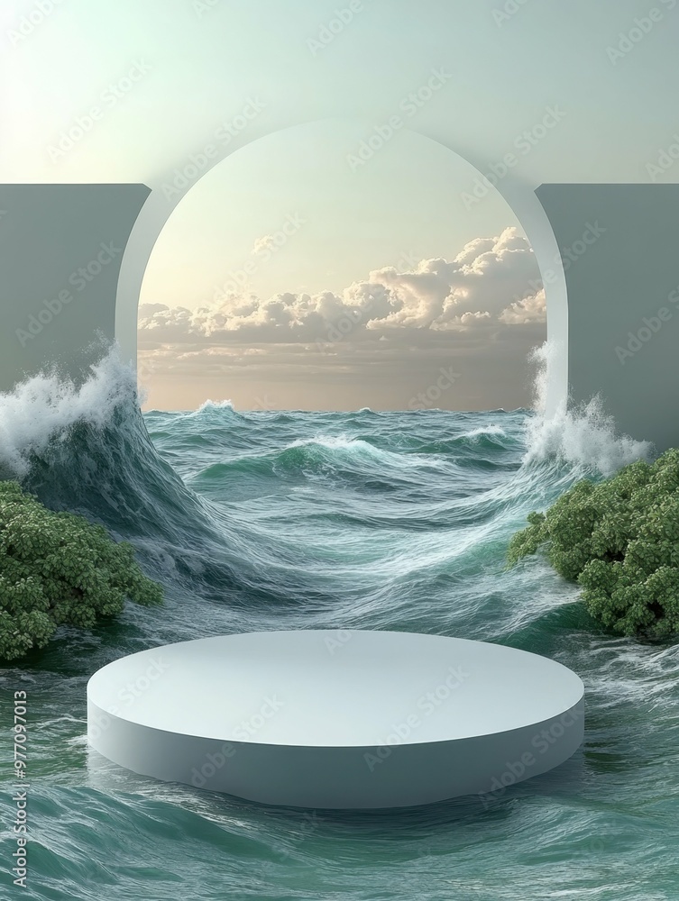 Aufkleber open ocean with gentle waves and no land in sight in 3d rendered minimalist style with empty circle 