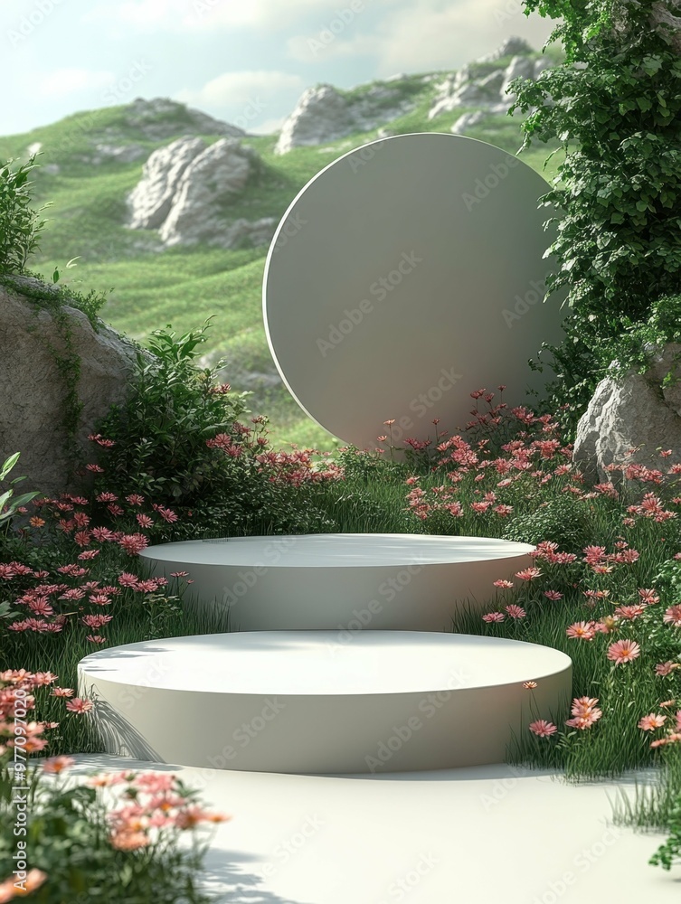 Poster open plains with scattered wildflowers in 3d rendered minimalist style with empty circle podium.