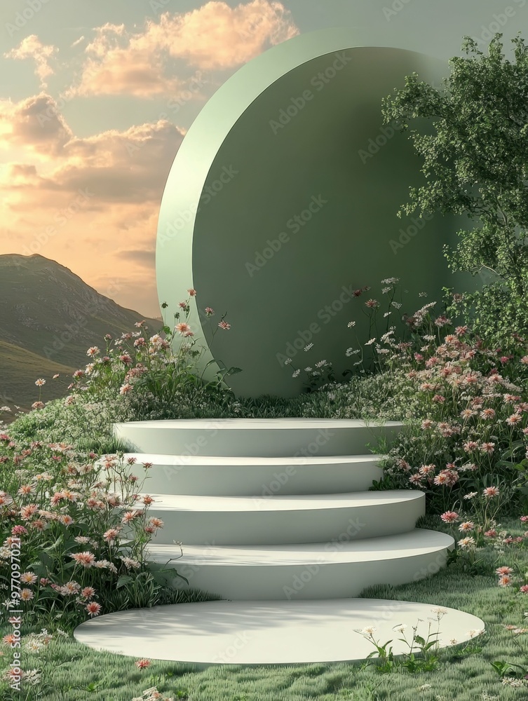 Aufkleber open plains with scattered wildflowers in 3d rendered minimalist style with empty circle podium.